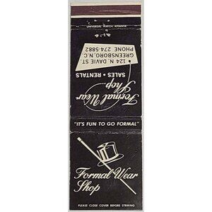 Vintage Matchbook Cover Formal Wear Shop Greensboro NC North Carolina